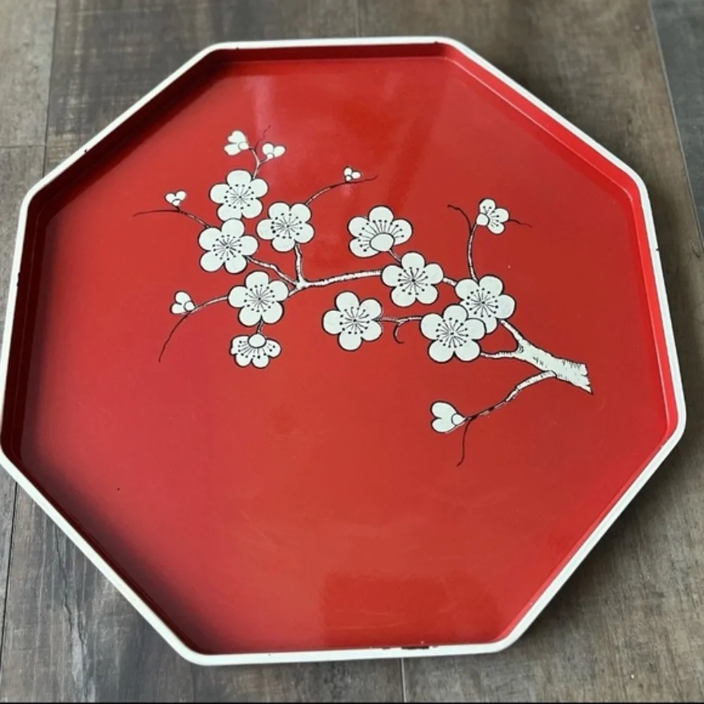 Vintage 1979 M. Kamenstein Red Cream Cherry Blossom Asian Octagonal Serving Tray
